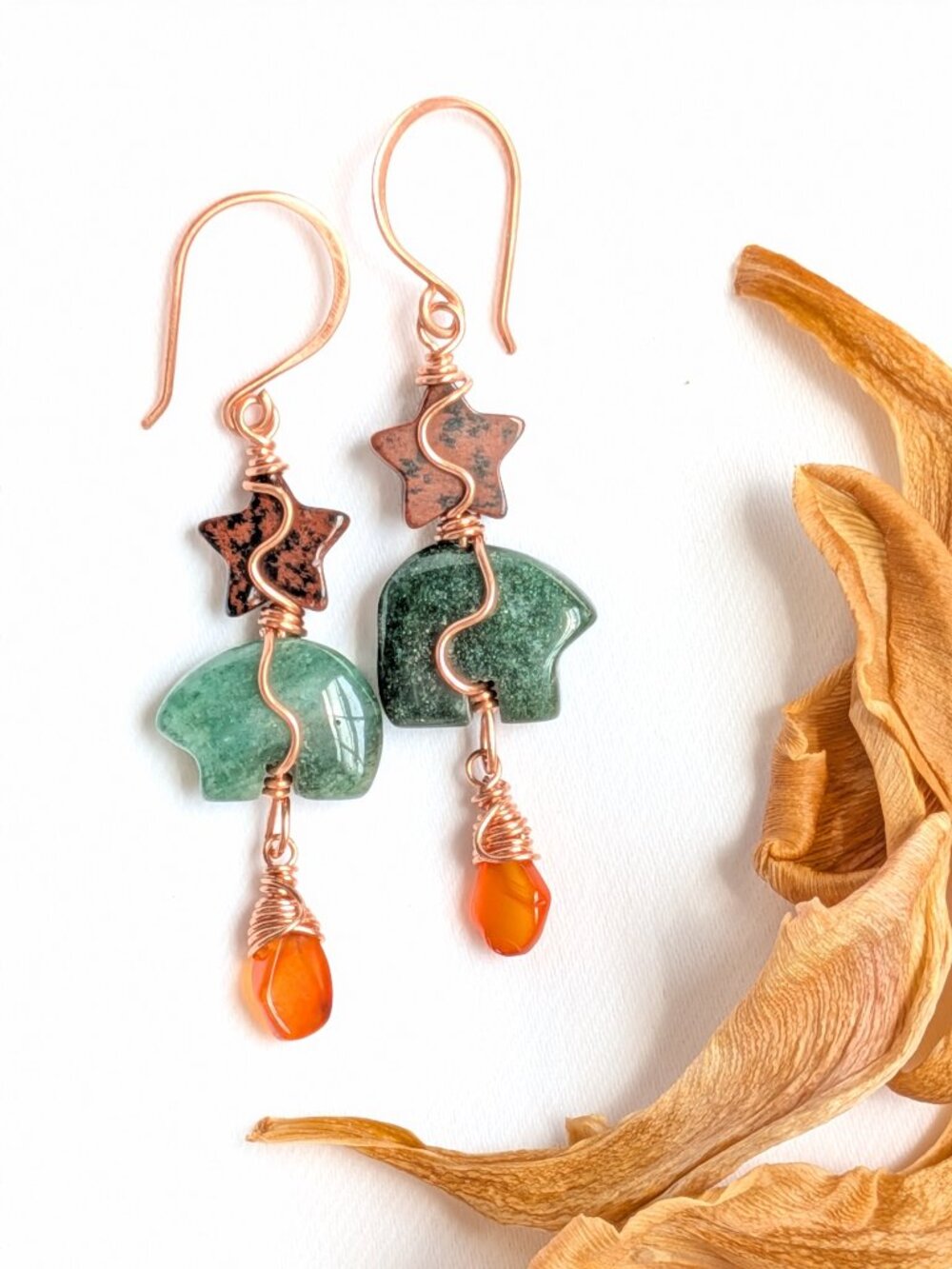 Zuni Bear Earrings Green Aventurine with Obsidian Jasper Star and Carnelian Drop